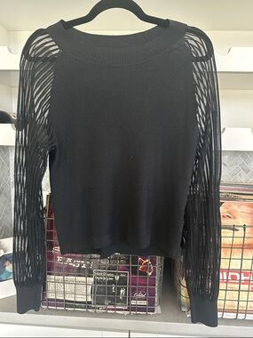 Club Monaco Black Sheer-Stripe Sleeve Crewneck Sweater